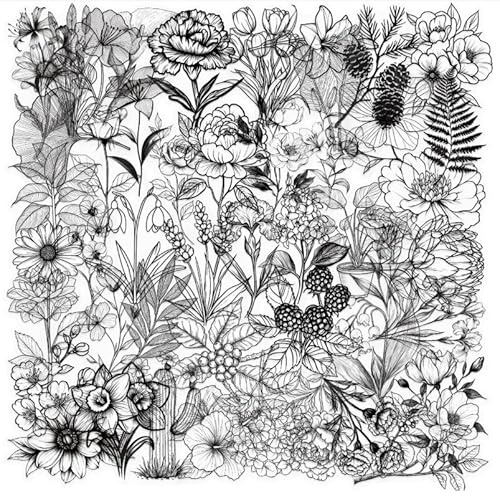 50Pcs Black and White Plant Stickers, Transparent PET Floral Stickers, Botanical Sketch Decals for Scrapbooking Laptops Water Bottles Journals Luggage, Aesthetic Flower Sticker for Teens and Adults