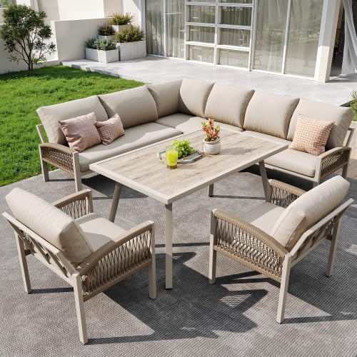 vutizal Salon de jardin 8 pièces - Canapé d'angle tressé à la main - En acier galvanisé - Rembourrage de 8 cm - Table basse en verre - Modulaire - 234 x 63 x 86 cm