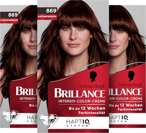 Schwarzkopf Brillance Intensiv-Color-Creme 869 Kastanienbraun (170 ml) | Permanente Haarfarbe mit 100 % Grauabdeckung, Coloration mit pflegendem Biotin-Komplex für bis zu 12 Wochen Farbintensität
