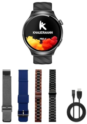 Knauermann PRO 4 (2026) Rund Schwarz - EKG Gesundheitsuhr Blutdruck, Puls und Schlafanalyse, Telefonie, IP67, Exklusivpaket mit 4 Armbändern