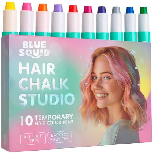 Blue Squid Haarkreide für Mädchen – 10 Bunte Temporäre Haarfarbe für Kinder - Auswaschbare, Ungiftige Haarfarbe - Ideal als Geburtstags- und Weihnachtsgeschenke für Teens, Dunkle Haare, Alter 6 bis 12