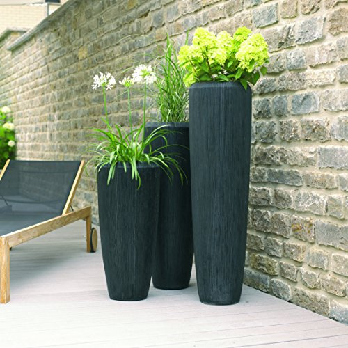 Klocke Pflanzgefäße Wunderschöne & Hochwertige Pflanzvase Rillenstruktur - Groß: 120cm - Dunkelgrau - Fiberglas - Mit Einsatz – Innen & Außen – Wetterbeständig & Frostsicher