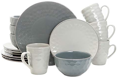 Elama Pearl Collection Geschirr-Set, rund, Tahiti-Steingut, 16-teilig, Schiefer- und Steingrau
