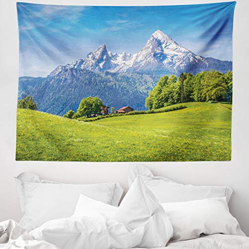ABAKUHAUS Landschaft Wandteppich, Blühende Blumen Laub aus Weiches Mikrofaser Stoff Waschbar ohne Verblassen Digitaldruck, 150 x 110 cm, Grün Himmelblau