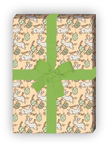 Schönes Oster Geschenkpapier mit handgezeichneten Osterhasen für schöne Geschenk Verpackung 32 x 48cm, 4 Bögen zum Einpacken für Geburtstage, Geburt, Ostern, apricot