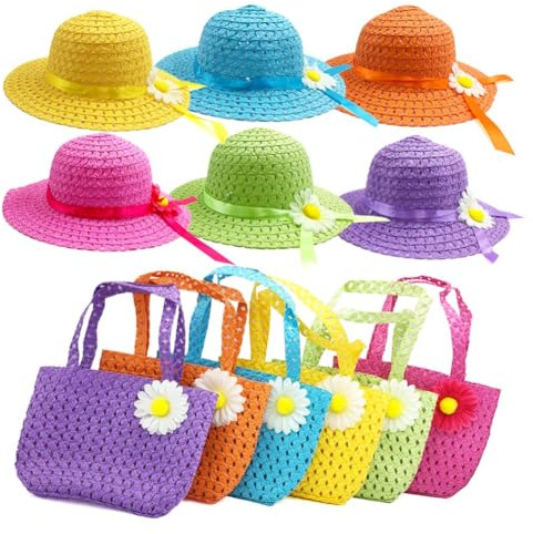 Vafon 6Sets Girls Tea Party Straw Sun Hat and Purse Sets Kids Child Birthdays Easter Party Daisy Flower Sunflower Summer Beach Cap Travel Gift Assorted Colors (6Color)