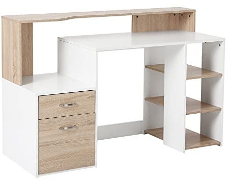 HOMCOM Bureau Informatique Bureau avec Rangement multimédia Design Multi-rangements 137 L x 55 l x 92 H cm chêne Blanc