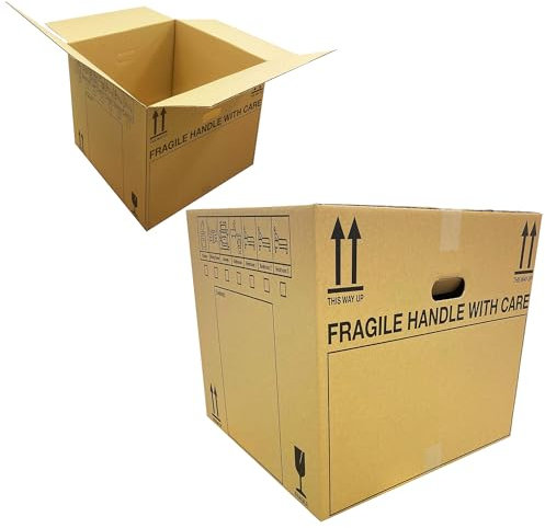 10 x PRINTED EXTRA LARGE Cardboard Boxes with Carry Handles Storage Packing Moving House Box 53cm x 53cm x 41cm 115 Litres