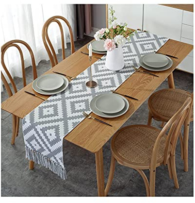 Knbob Baumwolle Leinen Beige Grau Geometrisches Puzzle Muster mit Quasten Deko Tischläufer Größe 32x200CM