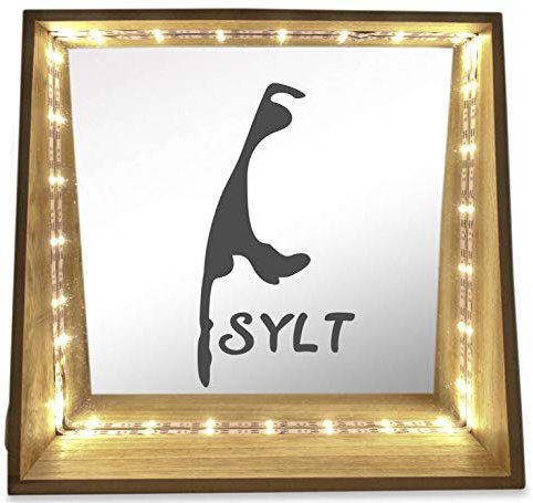 WB wohn trends Deko-Leuchte LED-Spiegel aus Holz mit Motiv, Insel Sylt als Silhouette und Schriftzug, 24x23x8cm, Deko-Spiegel Licht LED-Lampe mit Text Spruch