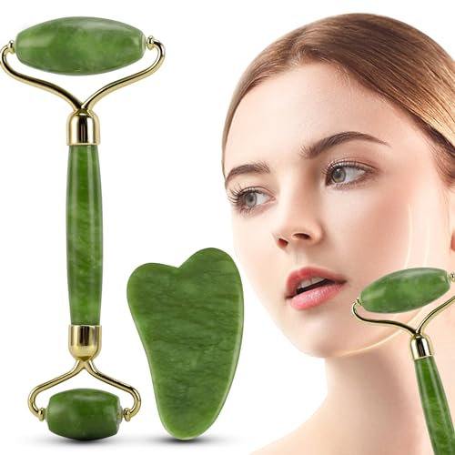 Jade Roller und Gua Sha Massagegeräte, Jiasoval Anti-Aging-Gesichtsroller-Massage, Gesichtsroller zur Reduzierung von Falten, Augenschwellungen, langlebig, geräuschloses Steinmassagegerät für Gesicht