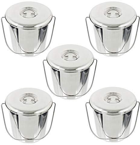 Spares2go 12 Litre Stainless Steel Metal Bucket Handled Pail with Lid for BBQ Barbecue (Silver, Pack of 5)