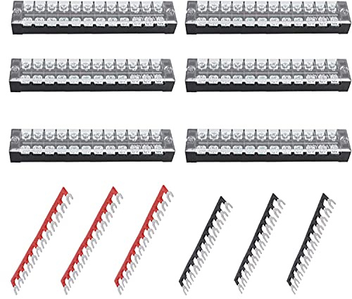 Ruidee 12 Stück (6 Set) Klemmleisten, 12 Positionen, zweireihig, verdeckte Schraubklemmleiste, 600 V, 25 A + 6 Stück, 12 Positionen, vorisolierte Gabelklemmenleiste, rot/schwarz, 400 V, 25 A, TB-U2512
