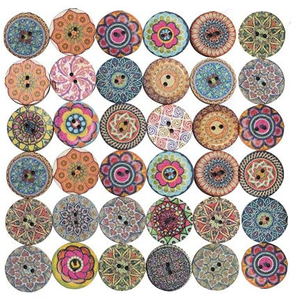 100 Stücke Retro Knöpfe, 25mm Vintage Knöpfe Bunt Knöpfe aus Holz Kinderknöpfe Blumen Puppenknöpfe Gemischte Multicolor Runde Holzknöpfe mit 2 Löcher zum Basteln, Nähen, Malerei,Handwerk, Deko