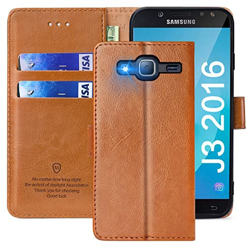 FMPCUON Coque pour Samsung Galaxy J3 2016 /J320, Étuis à Rabat Samsung Galaxy J3 2016 /J320,Premium PU Etui Housse en Cuir Portefeuille de Protection Magnétique pour Samsung Galaxy J3 2016 /J320,Brun