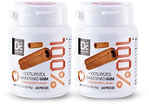 DC24 DAILY CARE Sugar Free Gum, Aspartame Free, Xylitol Chewing Gum Natural Cinnamon, Gluten Free, Vegan, 60 Pieces, Pack of 2