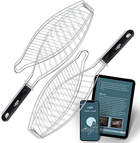 LEÓN Goods® : Fischgriller [ Edelstahl ] Grillzubehör - Grillzange für Fisch. Grillzubehör für Angler! Fisch Grillhalter, Fisch - Grillrost + E-Book! (2X Set)