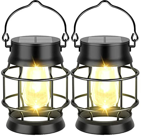 Solarlampen für Außen Hängend,2 Stücke IP65 Wasserdicht Metall Solar Laternen mit LED-Glühbirne /Solarleuchten für Außen Garten Deko Draußen Hinterhöfe Balkon Beleuchtung,Warmweiß