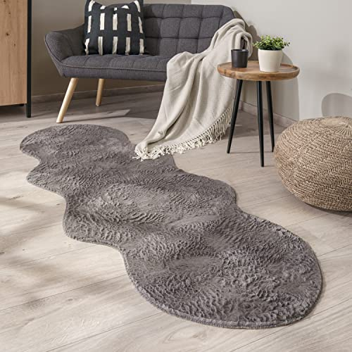 Paco Home Waschbarer Teppich Wohnzimmer Schlafzimmer Kurzflor rutschfest Modern Flauschiger Fellteppich Fell Imitat Kunstfell, Grösse:70x200 cm Fell-Form, Farbe:Anthrazit