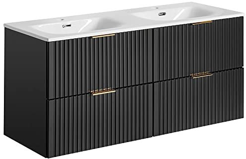 Lomadox Badmöbel Waschtisch mit Unterschrank Set 120cm, matt schwarz gerillt, 2 Keramik Doppel-Waschbecken, 4 Softclose-Schubkästen, B/H/T 121/58,5/46 cm