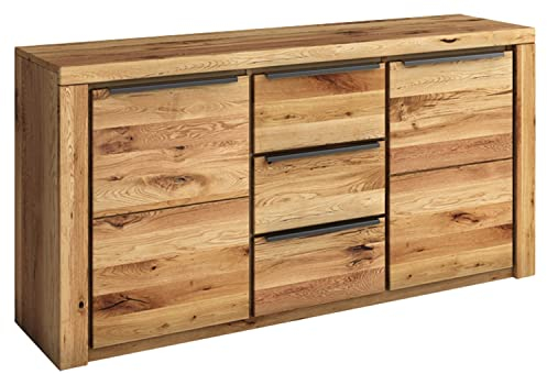 Home4You Sideboard - Eiche massiv - Eiche Dekor - 160 x 80 cm - 2 Türen - 3 Schubladen