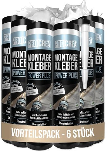 PROCREA® 6x Montagekleber Power Plus [Kleben statt Bohren] Haftstarker Baukleber auf Basis von Acrylatdispersion - Extra starker Sofortkleber für Sockel, Stuck, Styropor, Holz - Made In Germany