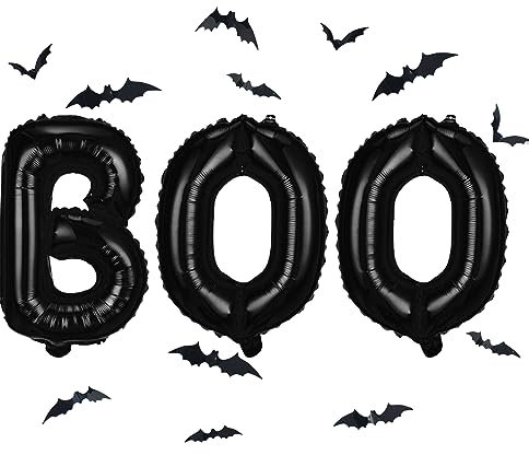 Luftballons BOO Set mit 3D PVC Fledermaus, Schwarz 16 Zoll Halloween Party Deko BOO Banner Ballon Set mit 12 Stk Fledermaus, Boo Mylar Folienballons für Kinder Gruselig Halloween Party Dekoration