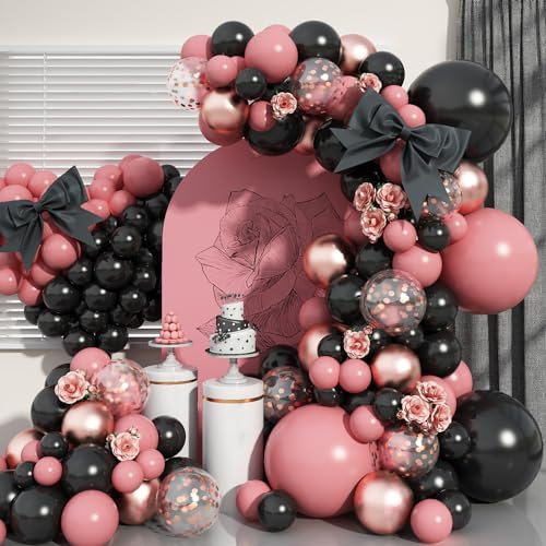 Dusty Pink and Black Balloon Arch Kit, 112 PCS Pink Rose Gold and Black Balloons Garland with Rrose Gold Confetti Metallic Rose Gold Balloons, Retro Pink Balloons for Bachelorette Princess Party Deco