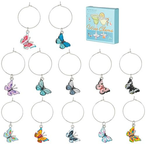 SUNNYCLUE 1 Box 12Pcs Wine Glass Charms Spring Enamel Butterfly Wine Glass Markers Charms Drink Identifiers Silver Beading Hoops Stemless Drink Glasses Rings for Stem Glasses Tasting Party Decor UK