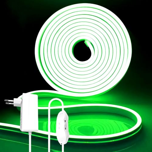 iNextStation 12V Green Neon Rope Lights 5m, with 60W Power Plug and Dimmer, Waterproof, Cuttable, Dimmable & Flexible, for Bedroom, Kitchen, Cabinet, Staircase, Ceiling, Wall, Garage