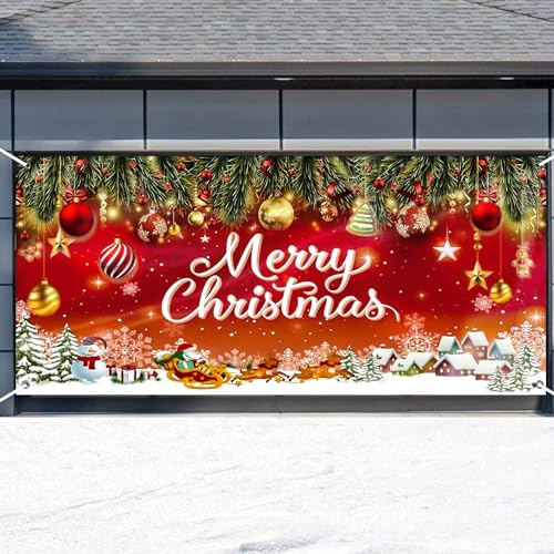 PEUTIER Garagentor Banner, 1,8x4m Groß Weihnachts Banner mit Seil Frohe Weihnachten Garagentor-Dekorationen Wandbild Hintergrund Schild für Winter Weihnachten Urlaub Outdoor Party