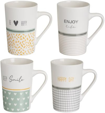 LOLAhome Juego de 4 taza mug Happy amarillas y verdes de cerámica de 370 ml