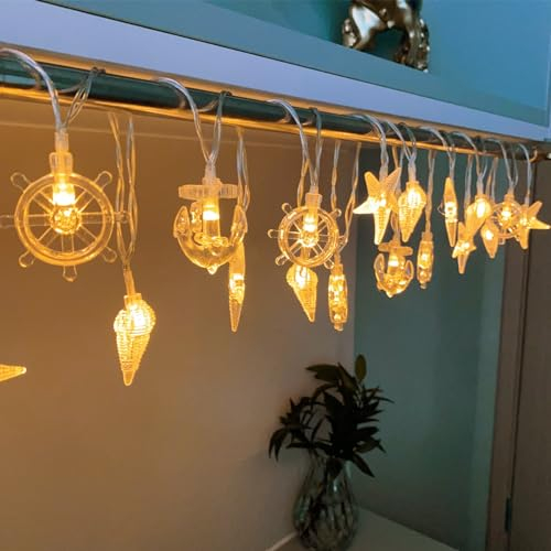 Fielegen 20 LED 9,84ft Ozean Themen Lichterkette Batteriebetriebene Nautische Seestern Muschel Lichterkette Meeresleben Nachtlichter für Sommerstrand Themen Dekor Hausgarten Garten Geburtstagsfeiern