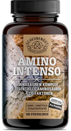 Aminosäuren Komplex Hochdosiert - EAA Kapseln - Vegan DE SCHEUNENGUT® | AMINO INTENSO® Intensiv-Formel Aminosäuren Tabletten - 12 Aminosäuren EAA/BCAA - Laborgeprüft - 180 Stück