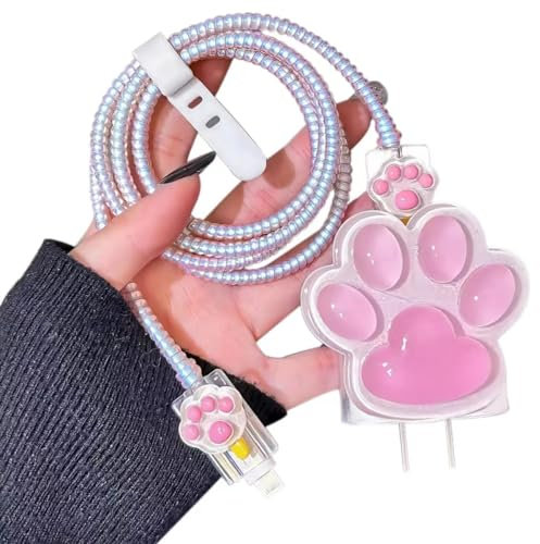 Yivenbarity Cable Protector for iPhone Charger with Cute Cat Paw Design,Kawaii Cat Claw Soft Charging Cord Protector Data Cable Saver for Women Girls Compatible with iPad 18W/20W Charger-Pink