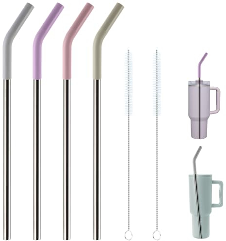 Replacement Straws for 40oz Tumblers,Metal Straws Reusable for Stanley 40oz Cup, 40 oz Tumbler Straw for Simple Modern,4 Pack 12 Extra Long Stainless Steel Straws with Silicone Tips and Cleaner Brush