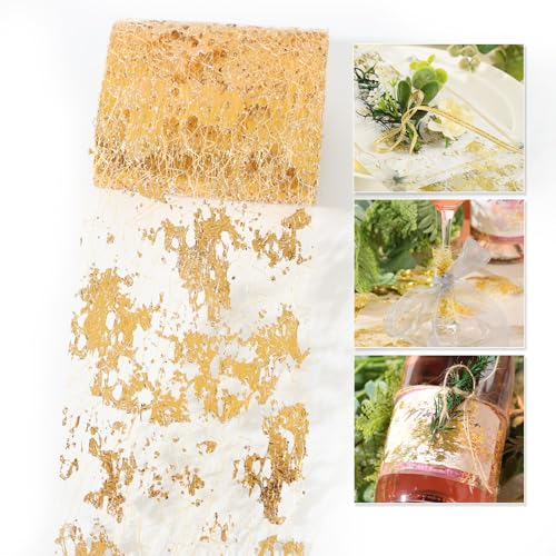 BETESSIN 9m Geschenkband Gold - Schleifenband 6cm Breit - Netzband aus Polyester - Tischband Hochzeit - Dekoband für Geschenkverpackung, Hochzeitsdeko, Blumenstrauß Deko, DIY Basteln usw.