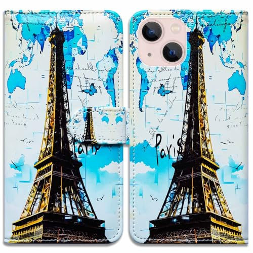 Bcov Case For iPhone 13,Paris Eiffel Tower Map Leather Flip Phone Case Wallet Cover with Card Slot Holder Kickstand for iPhone 13