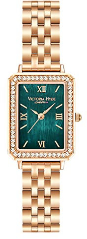 VICTORIA HYDE Rechteck Damenuhr Grün Dial Analog Quarz Armbanduhr mit Edelstahlarmband (Gold-Emeral Green)