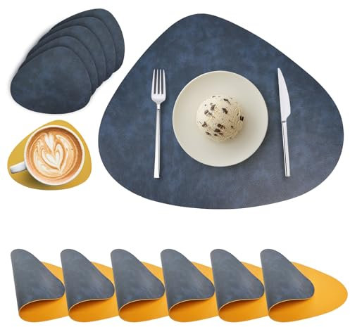 Lot de 6 Sets de Table Ronds et Dessous de Verre en Cuir PU - Double Face, Imperméables, Lavables, Antidérapants, Résistants à la Chaleur (Bleu Jaune)