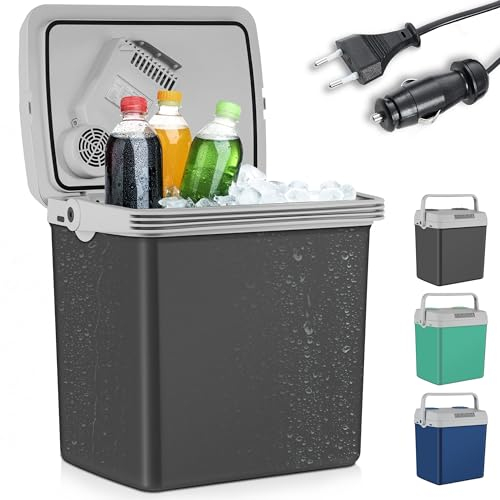 TOM 2in1 XXL Kühlbox 32l Brutto – elektrische Kühlbox – 230V & 12V Strom Anschluss – Elektrisch – für Auto, Camping, Wohnwagen & Co – Grau, Blau & Mint (Grau)