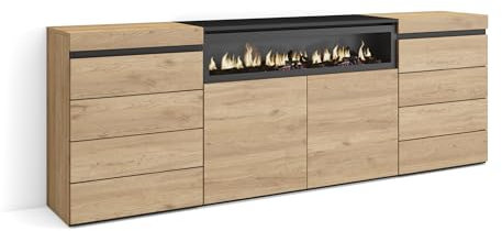 Skraut Home | Kommode mit Schubladen | Aufbewahrungsschrank | 214x75x35 cm | Für Schlafzimmer, Zimmer | Elektrokamin. | Moderner Stil | Eiche