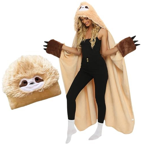 Yuragim Faultier Decke mit Ärmeln und Kapuze, Faultierdecke Flanell Fleece Kuscheldecke Flauschig Süße Blanket Hoodie Tragbare Decke zum Anziehen Faultier Geschenk für Frauen Mädchen zum Valentinstag