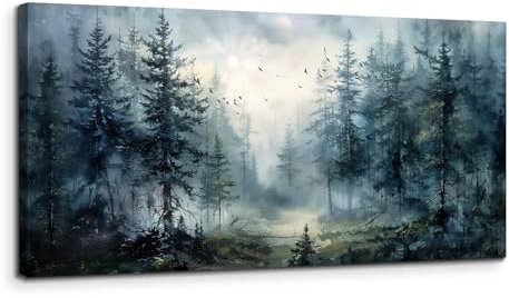 MHARTK66 Blaue Nebliger Wald Leinwand Bilder, 50x100 cm Groß Wandbilder Wohnzimmer Natürliche Landschaft Bild Aesthetic, Modern Wanddeko Kunstdruck Schlafzimmer Badezimmer Büro Esszimmer Küche