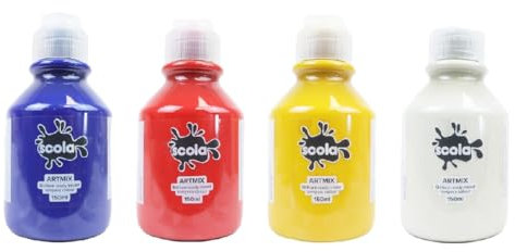 Scola Readymix Water Based Tempera Paint, 4 Assorted Primary Colours, 150ml Bottles, Non-Toxic Poster Paints, Craft Projects, Suitable for 3+