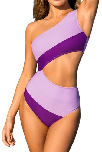 CUPSHE Damen Badeanzug One Shoulder Zierausschnitte Farbverlauf Colorblock Asymmetrische Einteilige Bademode Swimsuit Flieder/Lila M