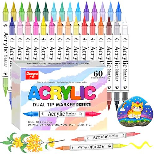 Gunsamg 60 Couleurs Feutre Acrylique ，30 Pièces Stylos Peinture Acryliques à Double Pointe – Acrylic Paint Markers pour Bois, Toile, Verre, Céramique with 0.5-4.5MM Brush Tip