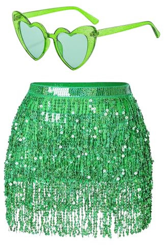 Damen Pailletten Rock Quaste Glitzerrock Hüft Pailettenrock Rave Röcke Gläser Set Fransenrock für Tanz Club Halloween Kostüm (DE/NL/SE/PL, Alphanumerisch, Einheitsgröße, Regular, Regular, Grün)