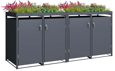 SCHARTEC Mülltonnenbox 4er anthrazit mit Pflanzendach erweiterbar 240l Mülltonnenverkleidung mit Pflanzenkasten Mülltonnen Sichtschutz Unterstand für 4 Tonnen