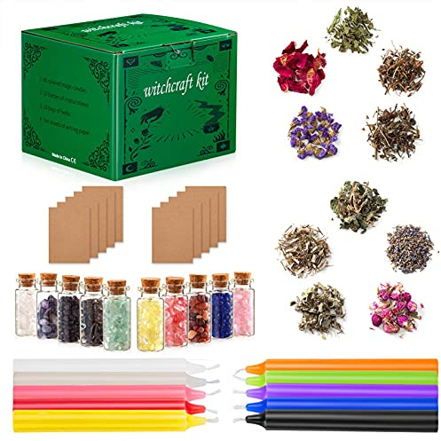 Wicca-Altar, kit di stregoneria per WICCA, fornitura WICCA-Altar | | 60 candele saldi per la pulizia della casa, 10 erbe magiche, 10 pietre di, 10 carta di potenza per de